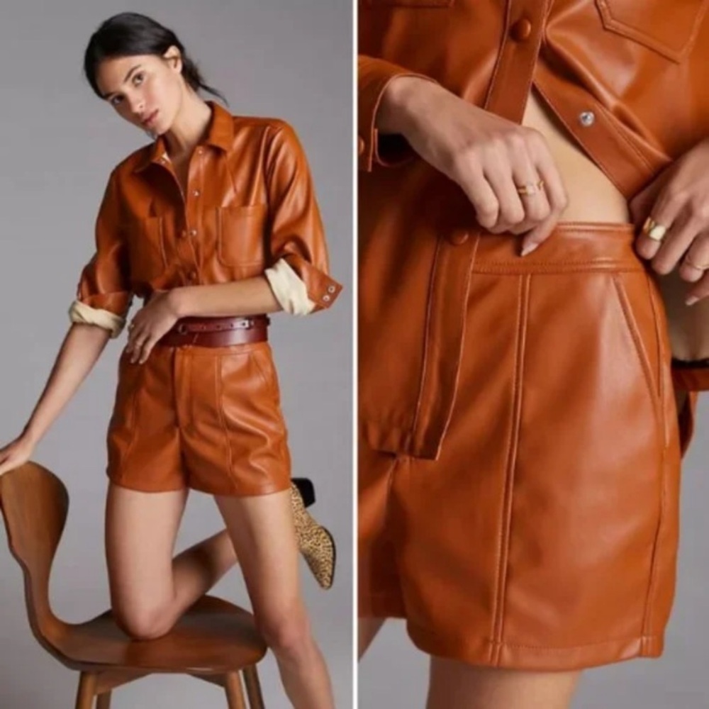 Anthropologie Faux Leather Short Set Top Tan Brown NWT size 10 - Picture 2 of 6